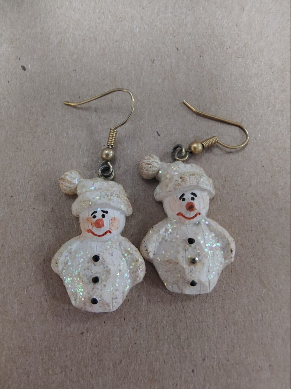 Vintage 80s White Glitter Snowman Dangle Earrings Christmas Retro